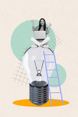 Vertical collage image of delighted mini black white colors girl climb ladder sit top huge light bulb raise fists use netbook isolated on creative backgroundの写真素材