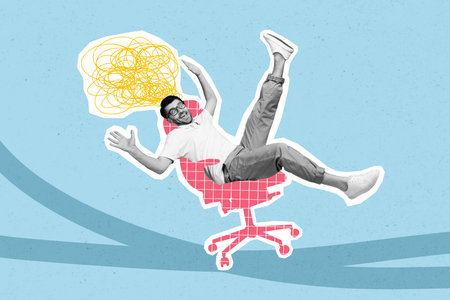 Creative advertisement painted magazine collage of young overjoyed careless man riding childish armchair isolated on blue color backgroundの写真素材