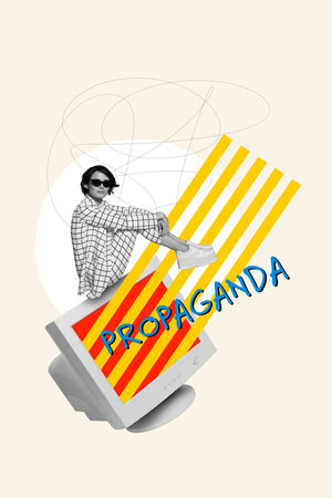 Creative abstract template collage of old computer screen display young woman propaganda control falsification brainwash propagandaの写真素材