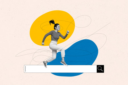 Collage artwork graphics picture of excited lady running searching engine isolated painting backgroundの写真素材