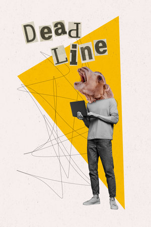 Photo of full length headless camel man working hold netbook deadline burnout overworked stressed no time isolated on beige backgroundの写真素材