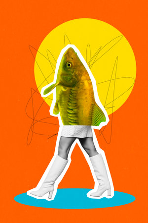 Composite collage picture image of walking female legs shoes high heel golden fish head fishing...