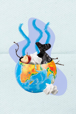 Photo collage artwork minimal picture of planet full of bad smell garbage isolated creative...