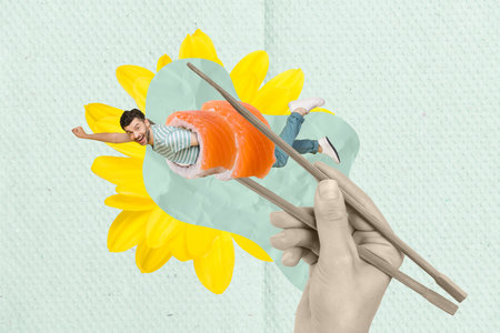 Photo creative illustration of young man collage flying inside huge philadelphia roll weekend sale sushi isolated on blue backgroundの写真素材