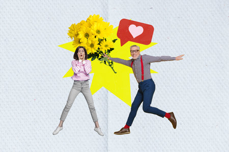 Creative collage of retired gentleman matches young girlfriend anniversary marriage gift fresh bouquet flowers isolated on grey backgroundの写真素材