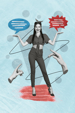 Collage 3d artwork poster image of lovely cute girl showing two variants arm choose right answer...