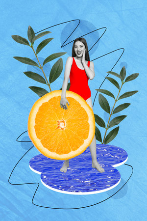 Vertical illustration collage artwork image of funky surprised girl hold caricature float buoy enjoy weekend isolated painting backgroundの写真素材
