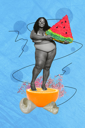 Collage artwork graphics picture of funny lady enjoying fruits standing half orange isolated...