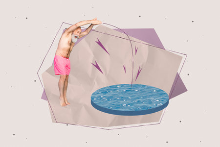 Creative collage image of excited grandfather jump diving water circle isolated on painted paper backgroundの写真素材
