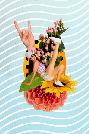 Photo collage artwork minimal picture of excited funky lady dancing beach party isolated graphical backgroundの写真素材