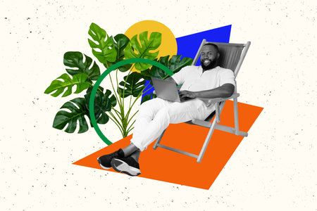 Collage picture of funky guy distance working and tanning on beach isolated drawing backgroundの写真素材