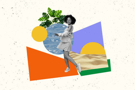Collage artwork picture of happy carefree lady enjoying walking beach isolated graphical backgroundの写真素材