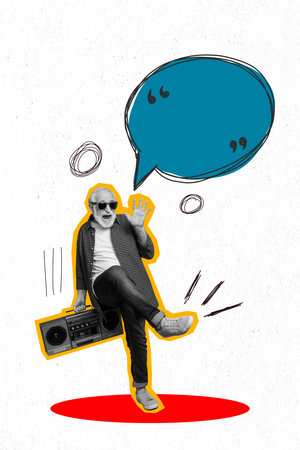 Collage pinup pop retro image of funky cool guy dancing boom box songs empty space isolated white color backgroundの写真素材