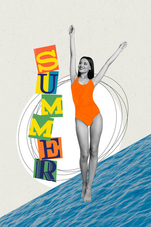 Collage pinup pop sketch of happy smiling lady walking beach enjoying vacation isolated painting backgroundの写真素材