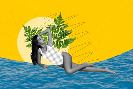 Creative 3d magazine collage of sexy dreamy lady lying beach sun bathing isolated colorful backgroundの写真素材