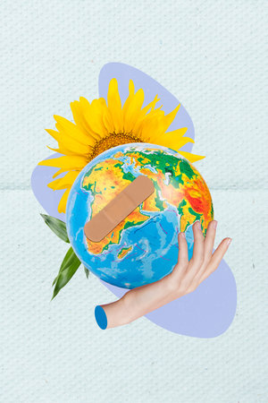Vertical billboard collage of hold planet earth global nature environment sunflower ukraine symbol...