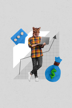 Picture sketch collage image of serious guy wild cat instead head earning dollars modern device isolated creative backgroundの写真素材