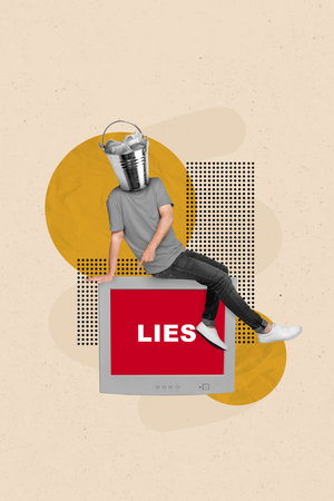 Creative 3d collage picture of head absurd trash bucket television monitor lies wrong information brainwash isolated on beige backgroundの写真素材
