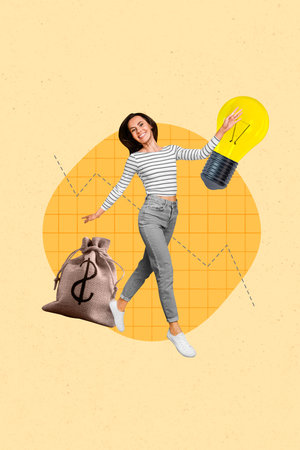 Artwork collage picture of excited smiling lady having great earning money idea isolated drawing backgroundの写真素材