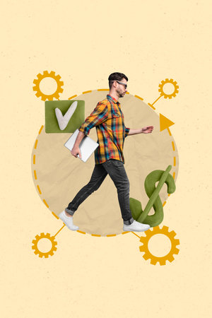 3d creative artwork template collage of purposeful guy walking creating working mechanism isolated painting backgroundの写真素材
