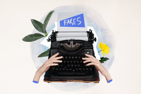 Creative abstract template graphics collage image of arms typewriter writing fakes isolated white color backgroundの写真素材