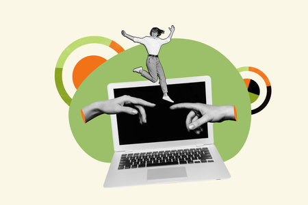 Artwork picture image sketch 3d poster collage of excited smiling girl running monitor display two human arms touch on painting backgroundの写真素材
