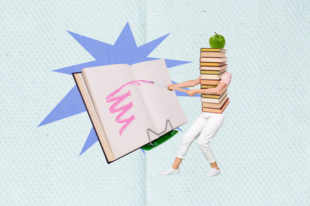 Creative idea collage of headless book woman hold paintbrush pink color copybook artwork masterpiece inspire isolated on blue backgroundの写真素材