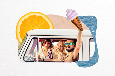 Creative collage portrait of positive carefree people drive auto hand hold ice cream big orange slice water isolated on white backgroundの写真素材