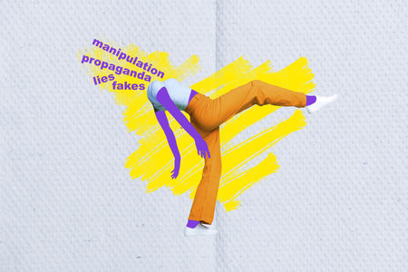 Creative collage picture of walking drawing girl manipulation propaganda lies fakes words instead...