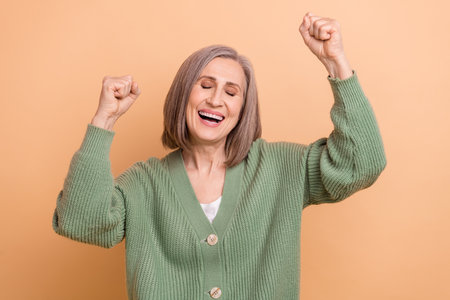 Portrait photo of awesome crazy retired woman lucky winner season lottery big income much money...