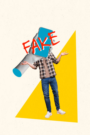 Vertical creative collage image of shrug shoulders hand hold smartphone screen display fake news falsification bizarre unusual fantasyの写真素材