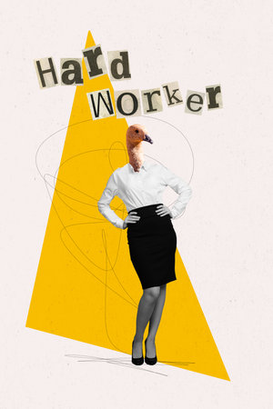Collage 3d image of pinup pop retro sketch of office employee female formalwear duck head wild animal zoo worker employee caricatureの写真素材