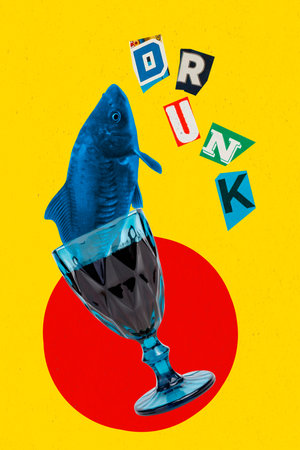Vertical collage image of blue drunk fish inside wine alcohol glass isolated on painted yellow...