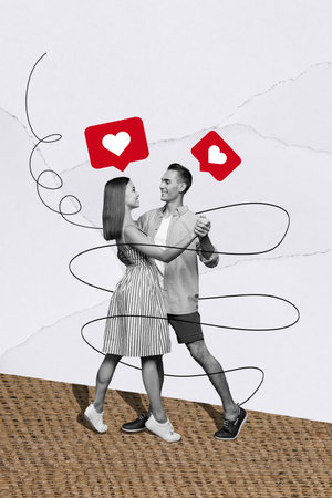 Vertical collage picture of two positive black white colors people hold hands dancing like notification isolated on paper backgroundの写真素材