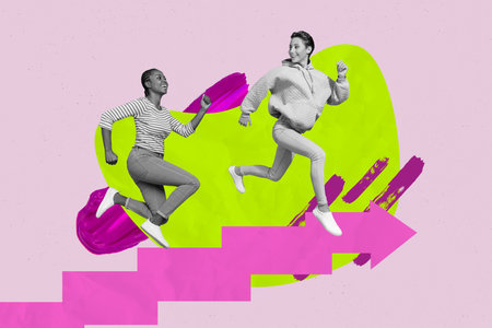Bright vivid poster banner collage of two people running fast on competition follow line purpose aim