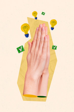 Magazine template collage of praying hand gesture asking for genius great ideas for company work progressの写真素材