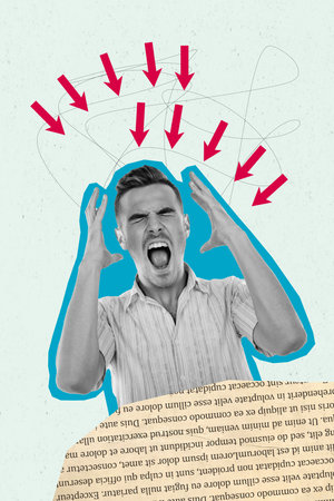 Vertical creative collage image of screaming shouting male raise hands fake news attack manipulation...