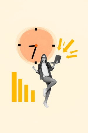 Composite collage illustration of young business manager time planning schedule oclock diagram...
