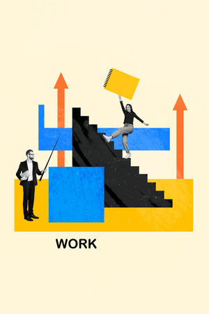 Banner painting poster collage of workers doing job self improvement promoting career step on ladder