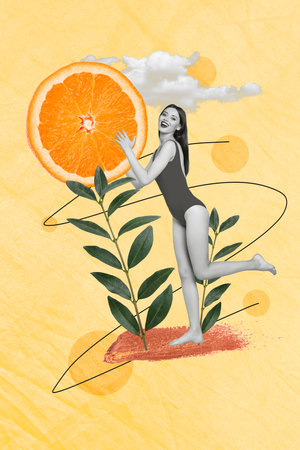 Collage image picture poster of cheerful girl hold big slice juicy exotic orange enjoy happy summer time isolated drawing backgroundの写真素材