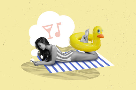 Magazine picture collage template of lady tourist enjoying sunbathing on tropical beach texting...