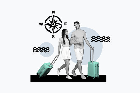 Creative collage picture of two black white effect partners hold arms suitcase walking dialogue bubble compass isolated on white backgroundの写真素材