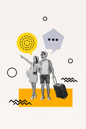 Vertical collage picture of two cheerful partners hold suitcase point finger communicate dialogue bubble isolated on white backgroundの写真素材