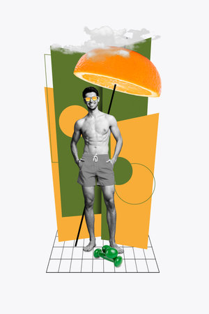 Full body collage of young confident sportsman wear sunglass show his torso summer chill absurd orange parasol isolated on white backgroundの写真素材