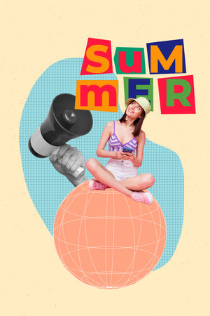 Photo summer concept resort advertisement promo megaphone announcement girl hold phone choose best hotel hotel isolated on drawn backgroundの写真素材