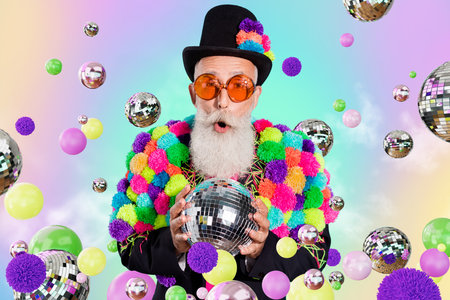 3d creative banner poster collage of crazy funny old man vision simulation summer virtual clubbing...