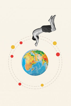 Creative photo picture man jumping trampoline collage advert diving planet earth globe worldwide...