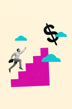 Creative 3d photo collage of young entrepreneur business owner ambitious man climbing stairs finance challenge isolated on grey backgroundの写真素材