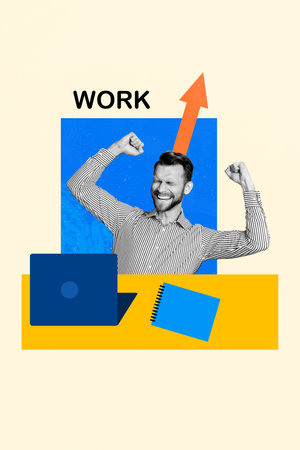 Creative photo picture composite collage of young businessman fists up hooray workaholic best monthly revenue isolated on blue backgroundの写真素材