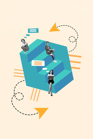 Creative teamwork concept collage of colleagues communicating speaking each other progress upstairs together isolated on beige backgroundの写真素材